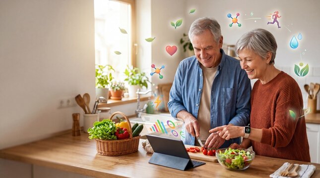Happy senior couple cooking healthy salad in modern kitchen using tablet for recipe, smart home technology and wellness lifestyle concept with floating health icons.