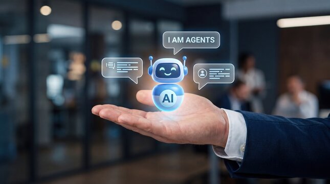 Businessman hand holding holographic AI robot agent icon, artificial intelligence technology concept, digital assistant automation, virtual chatbot communication, futuristic