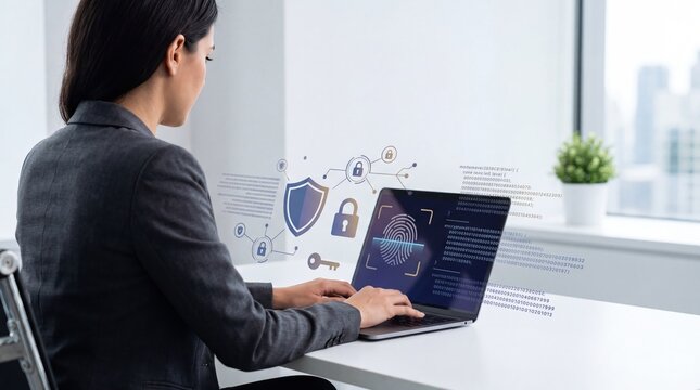 Woman working on laptop with cybersecurity icons overlay, data protection and privacy concept, digital security shield lock fingerprint, information technology safety network