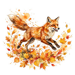 Fototapeta premium Red fox running joyfully through a scatter of autumn leaves Watercolor Animal Illustration Hand Painted