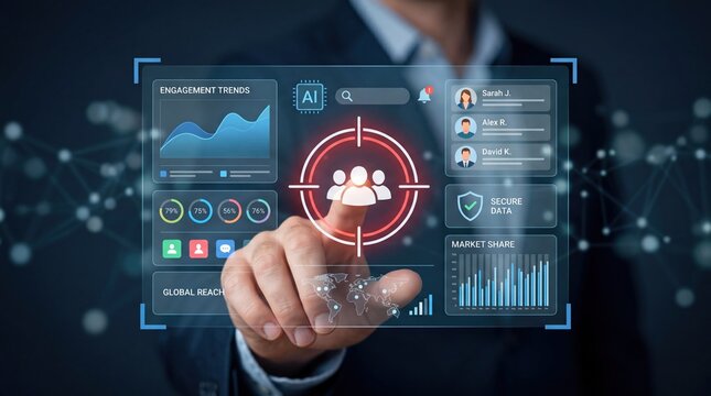 Businessman hand touching virtual HUD interface displaying engagement trends, target audience selection, secure data protection and market share analysis for digital strategy