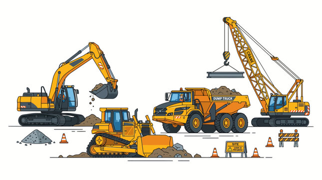 Construction vehicles and heavy machinery at work on site