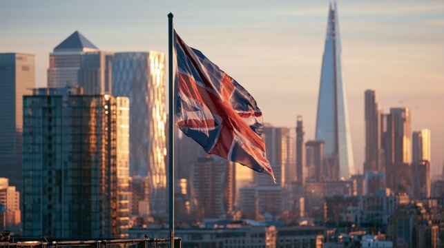 View of London skyline with Union Jack flag at sunset and tall buildings in the background