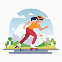Fototapeta premium Woman rollerblading in a scenic mountain landscape