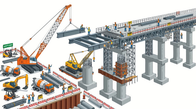 Construction site with cranes and workers building a bridge