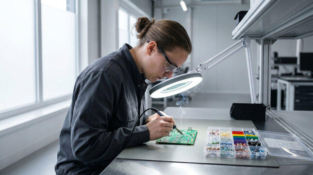 Electronics assembly worker using a fine-tipped soldering iron to attach microcomponents to a green circuit board under a magnifying lamp, a 3