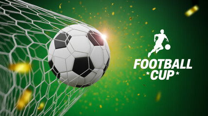 Naklejka premium A professional top-down photograph of a soccer ball in a goal net with Football Cup logo and sparks flying around it