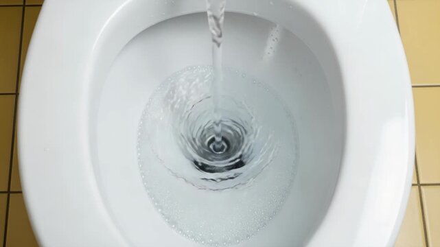 Water swirls down a toilet bowl during flushing