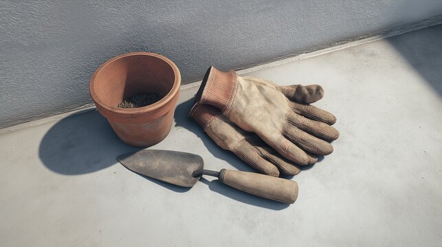 Vintage gardening tools including empty terracotta pot worn work gloves and small planting trowel placed on concrete surface next to wall for home gardening concept