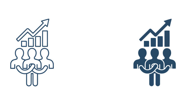 Business team growth graph icon set featuring rising bar chart with people and upward arrow symbol representing corporate success and professional development in clean vector illustration style design