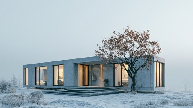 Modern house stands in a snowy landscape with a tree near the entrance during winter