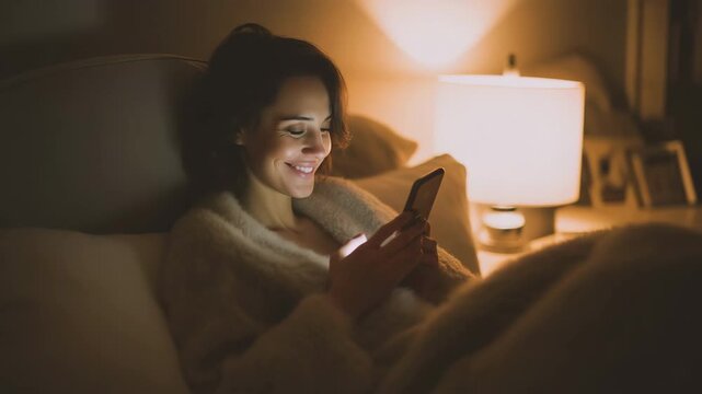 A woman relaxes in a cozy bed illuminated by warm bedside light while using her smartphone