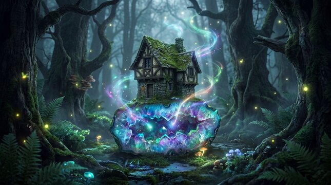 Whimsical mossy house on a glowing crystal in an enchanted forest with fireflies