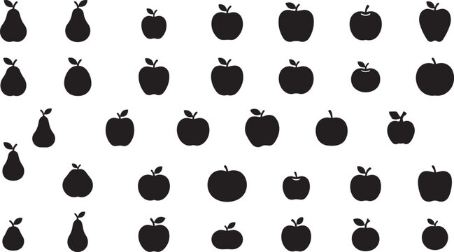 Apple and pear fruit silhouettes black vector icons arranged in grid pattern.