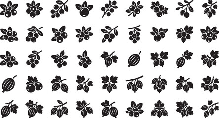 Large collection of various berry icons, black glyph illustrations of fresh garden and wild berries, healthy food, and desserts. © Farzana Akter Munni