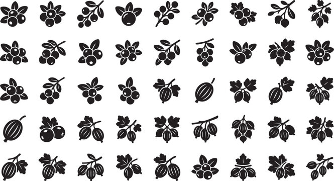 Large collection of various berry icons, black glyph illustrations of fresh garden and wild berries, healthy food, and desserts.