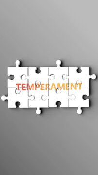 Temperament being a complex topic - puzzle pieces with word temperament coming together to make a whole. Temperament made of many fitting parts, a compound subject.