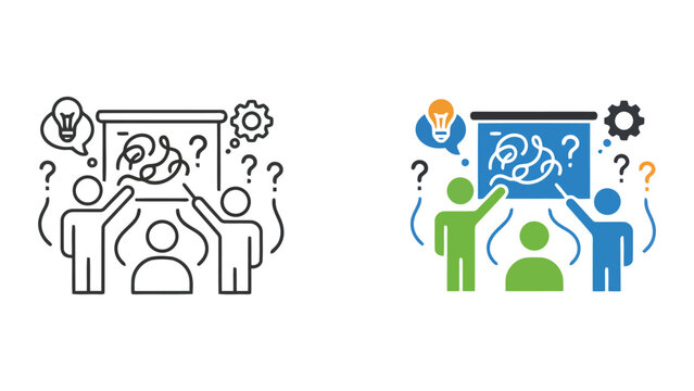 Team confusion and problem solving icon showing professionals looking at a whiteboard with tangled lines and question marks for identifying business challenges and finding solutions