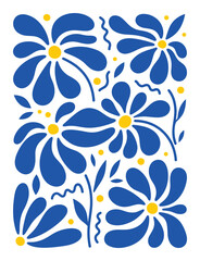 Fototapeta premium Vibrant blue daisy pattern with yellow accents, flowing stems, and wavy lines.