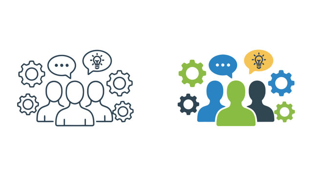 Business teamwork and innovation icon set featuring stylized people with speech bubbles and mechanical gears representing collaborative problem solving and technical project management efficiency