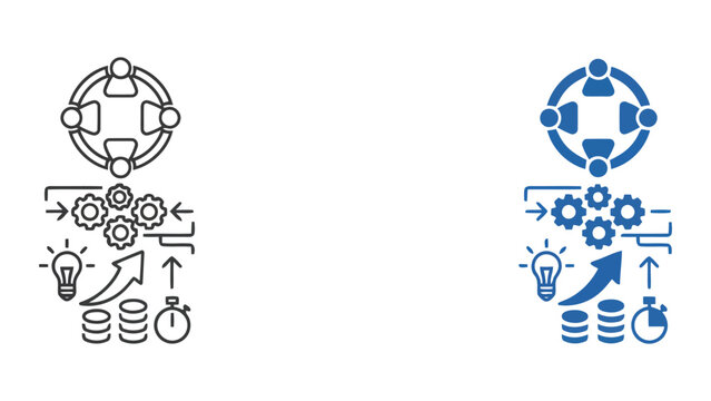 Strategic business growth and team development icon set with financial charts and gear icons for corporate success planning as professional vector graphic design in blue and white color palette