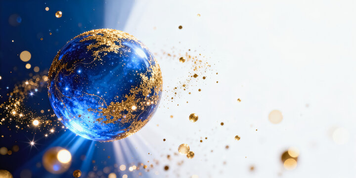 This abstract artwork features a glossy blue spherical orb accented with gold glitter particles, paired with soft bokeh light effects against a gradient blue and white background.