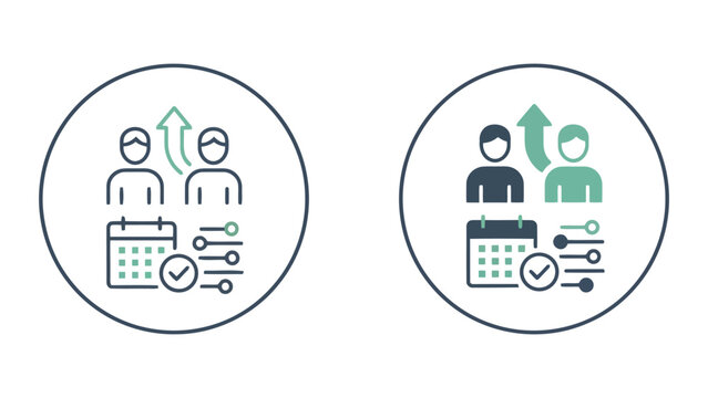 Business team performance review icon with calendar and growth arrow representing planning and schedule management vector illustration