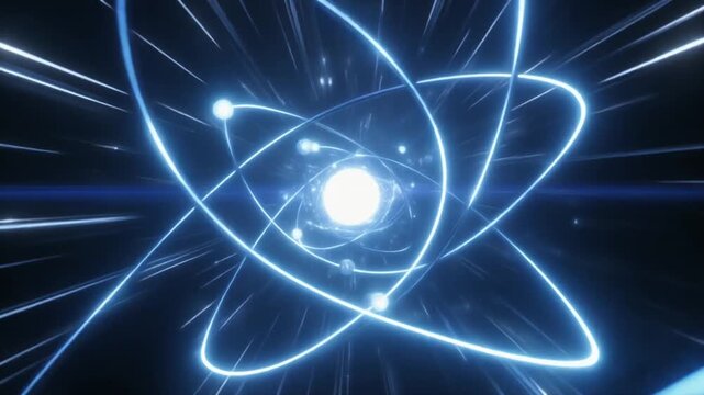 Stylized glowing atom with bright nucleus, luminous blue curved electron paths orbiting, dark background, futuristic quantum energy visualization.