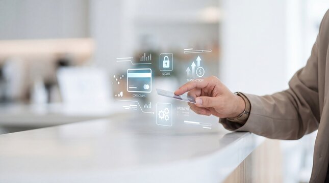 Hand holding credit card for contactless payment, secure transaction, digital banking interface, holographic icons, wireless transfer, e-commerce checkout, fintech solution,