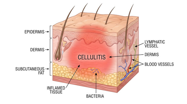 Diagram illustrating the layers of skin affected by cellulitis, showing bacteria and inflammation in the dermis and subcutaneous fat.