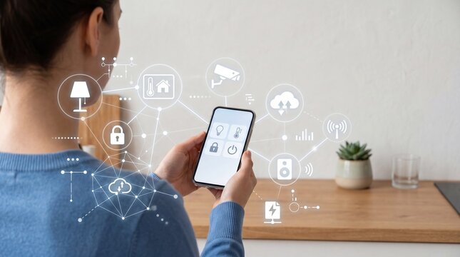 Person using smartphone app to control smart home devices like lights and security, internet of things and connected living concept.