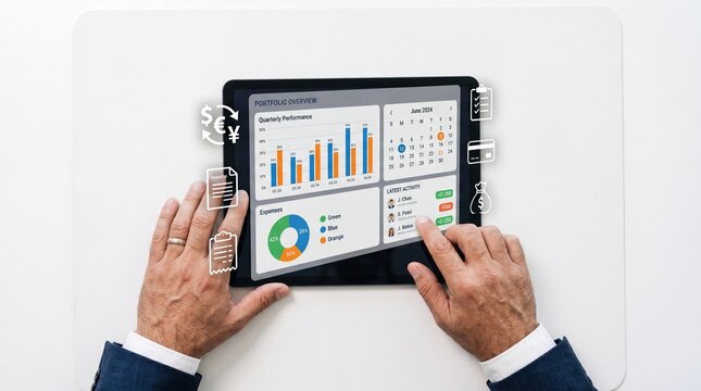 Close up of hands holding tablet displaying portfolio overview with charts and calendar, financial management and investment tracking.