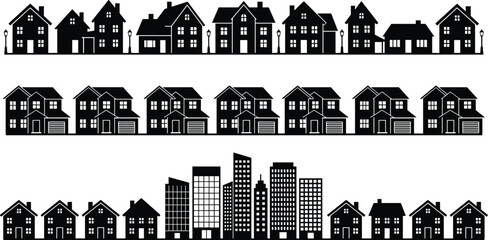 Fototapeta premium Collection of residential and urban building silhouettes including houses, suburban homes, and city skyline for architectural design concepts
