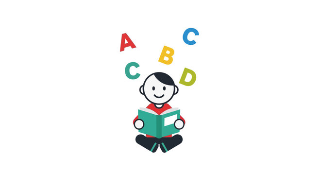 Boy reading book with letters floating.