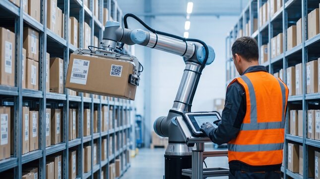 Worker controlling robotic arm in automated warehouse, picking cardboard box from shelf, logistics and supply chain automation concept with industrial machinery and inventory.