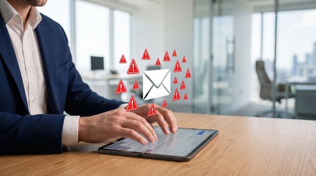 Businessman typing on a tablet device with a digital overlay of an email icon surrounded by red warning signs indicating spam, security alerts, or urgent messages in a corporate