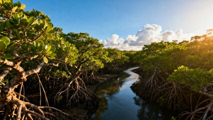 Fototapeta premium A tranquil calm river flowing smoothly through a dense green mangrove forest under a clear blue sky