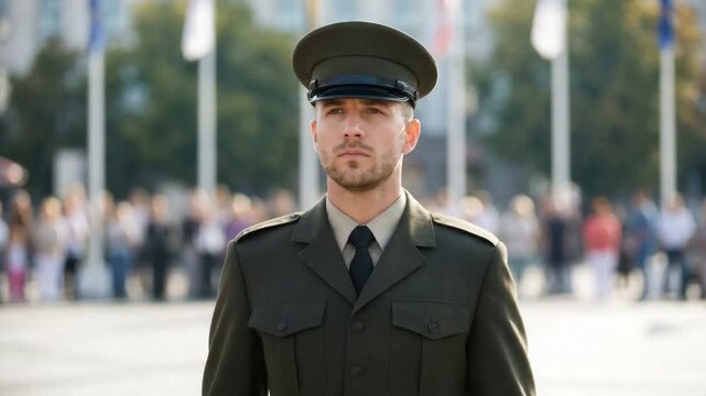 Uniformed serviceman giving a formal salute outdoors during a public ceremony, symbolizing duty, discipline, patriotism, security service, and national events
