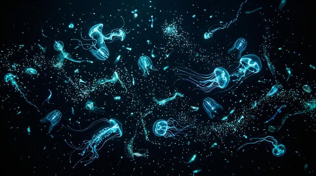 Bioluminescent Jellyfish Glowing in Deep Blue Dark Ocean