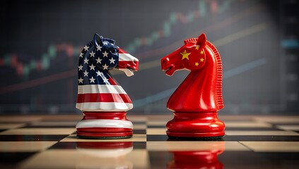 Naklejka premium us and china chess knights rivalry concept with dramatic lighting on wooden board