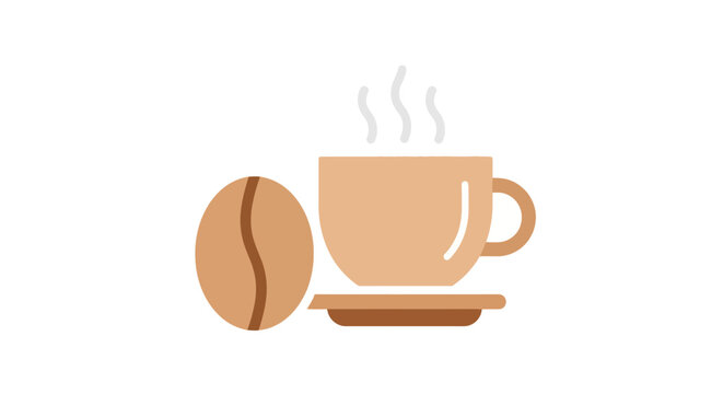Brown coffee cup with saucer and bean.