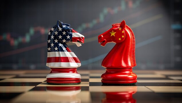 us and china chess knights rivalry concept with dramatic lighting on wooden board