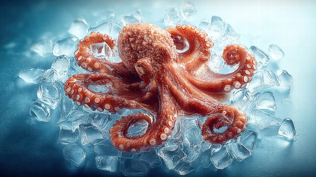 A stunning close-up of a raw octopus on ice, ready for culinary use.