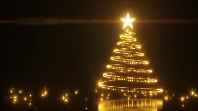 "Stylized Christmas tree made of golden spiral lights with bright star topper glowing in dark festive background"