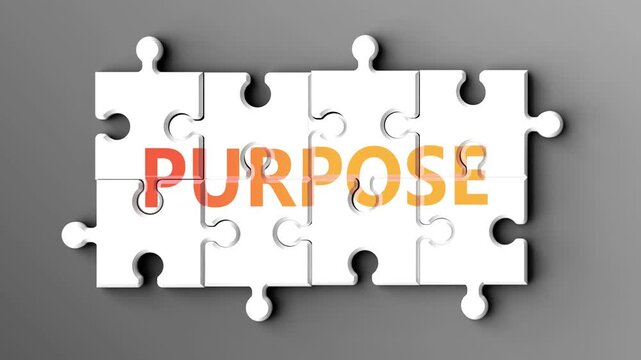 Purpose being a complex topic - puzzle pieces with word purpose coming together to make a whole. Purpose made of many fitting parts, a compound subject.