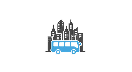 Fototapeta premium Blue Bus in Front of City.