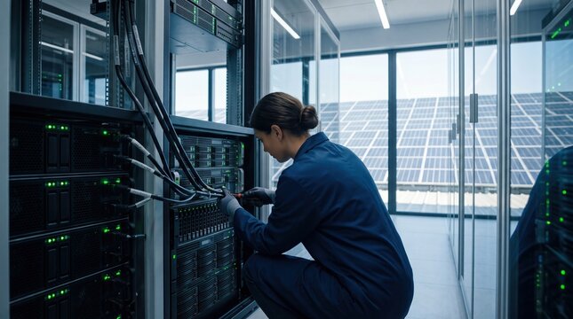 Female technician working on server rack in modern data center with solar panels visible through glass window, green energy technology concept.