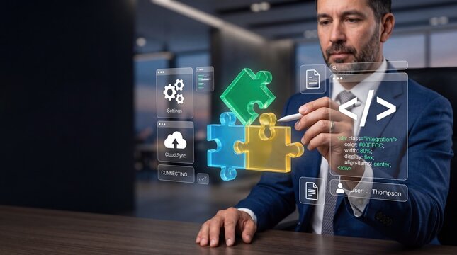 Businessman connecting digital puzzle pieces with coding interface and cloud sync settings, representing software integration and system architecture solutions.