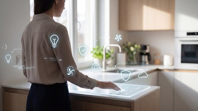 Woman interacting with futuristic smart kitchen countertop interface controlling lighting, security, and appliances for a connected modern home lifestyle.