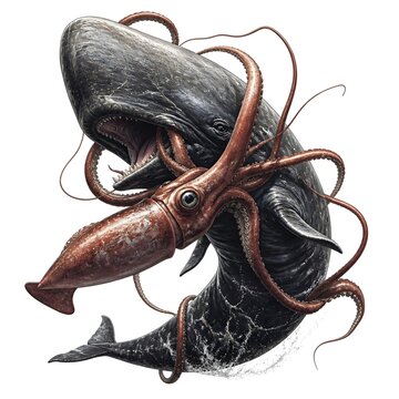 Giant squid attacking a sperm whale illustration isolated on white